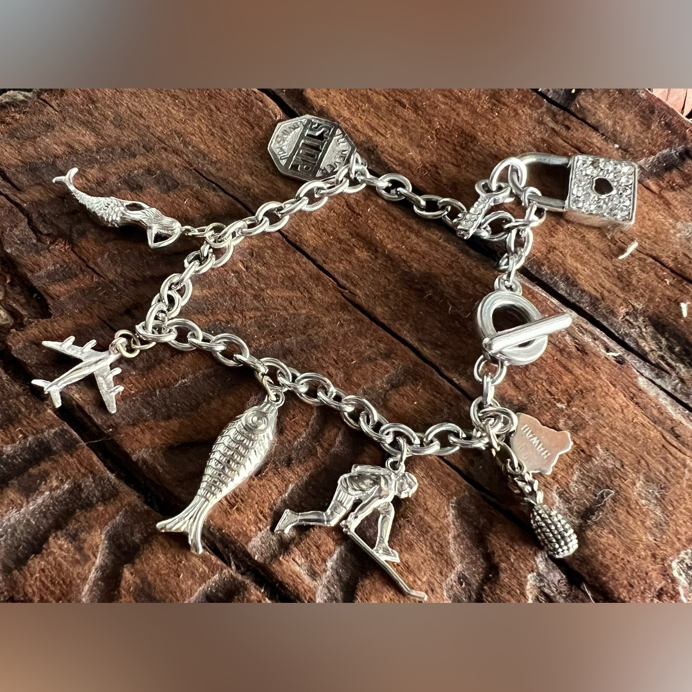 Sterling Silver Charms Hawaii Theme With a Silver Tone Bracelet Loaded Ocean XL